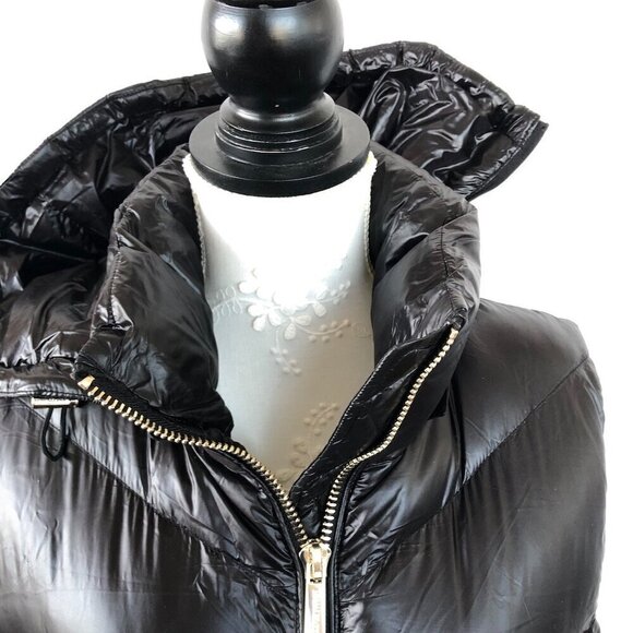 MICHAEL KORS Black Quilted Puffer Hoodie Vest Long Tunic Length high neck Gold S - Picture 9 of 16